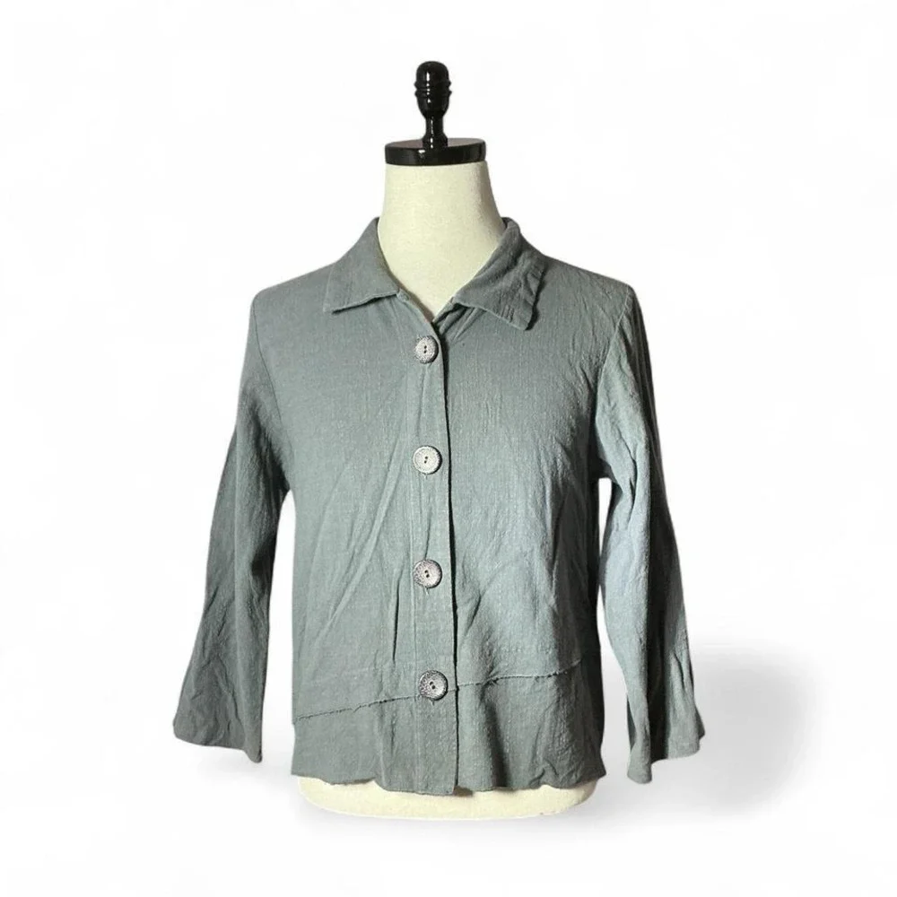 Habitat Gray Linen Blend Collared Button Front Cropped Jacket Top Women's Medium